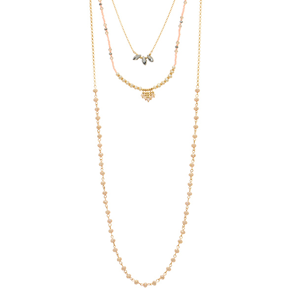 Wholesale gold layering necklace pink seed beads gray bead accents faux ivory pe
