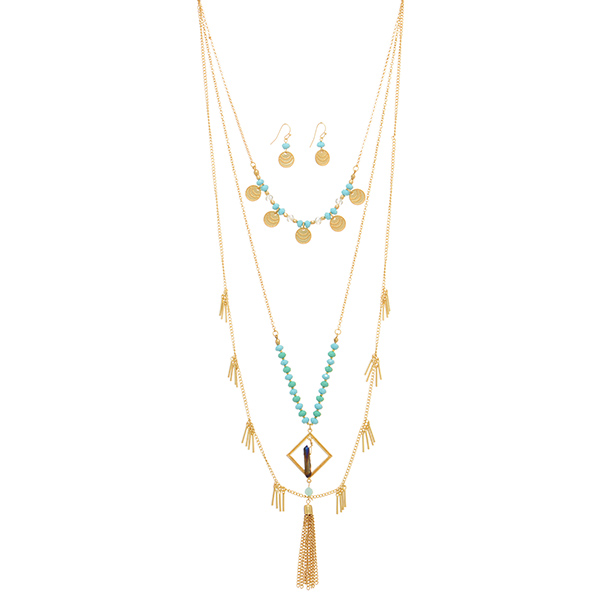 Wholesale gold layering necklace set turquoise mint green beads metal disk hangi