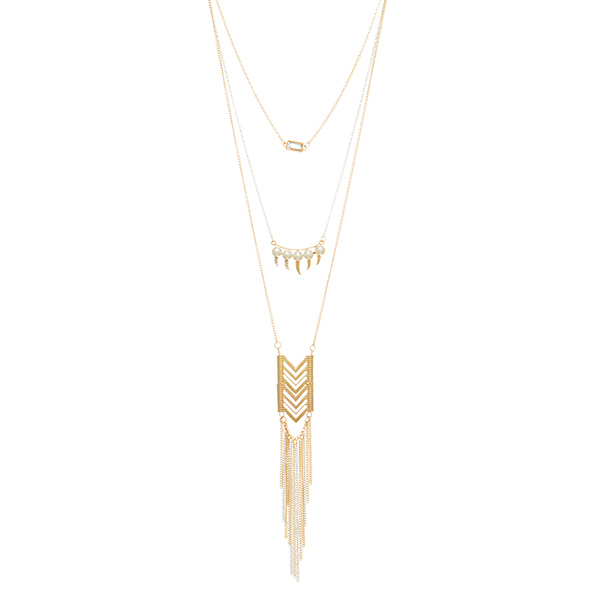 Wholesale gold layering necklace set white chain clear stone faux pearls chevron