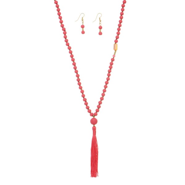 Wholesale pink beaded necklace set brown seed beads pink stone station tassel ac