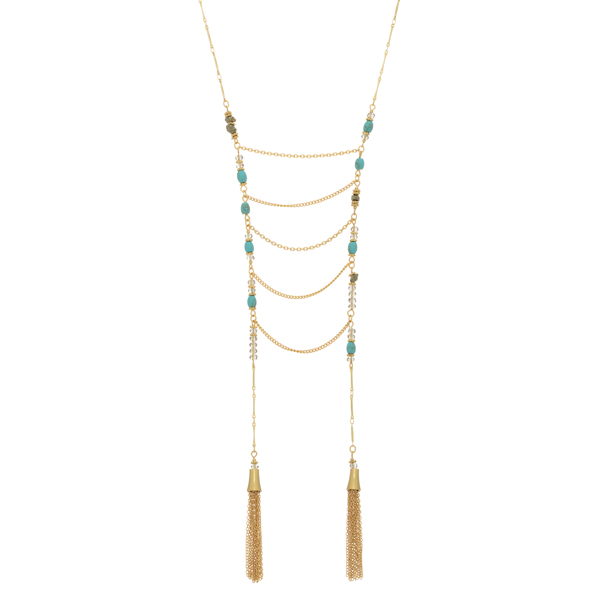 Wholesale gold necklace turquoise pyrite natural stones metal drapes tassels