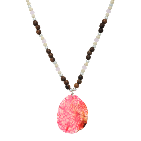 Wholesale ivory brown wooden bead necklace large pink natural stone pendant Hand