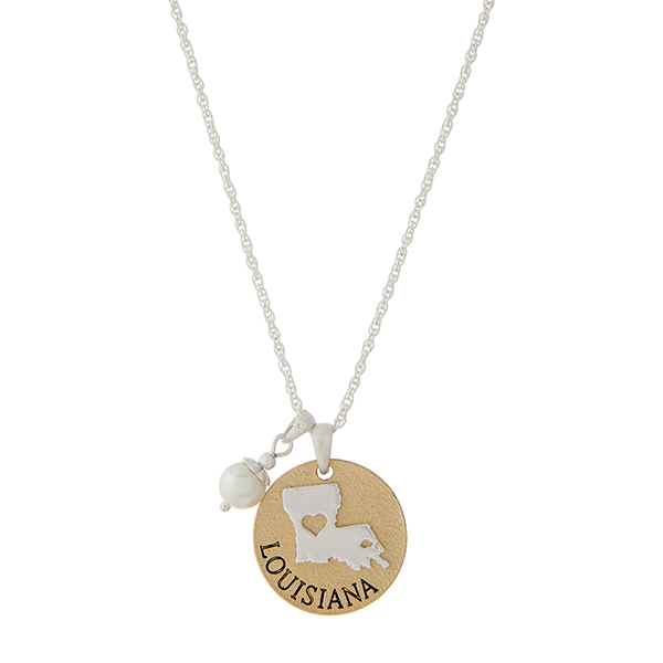 Wholesale two state necklace LOUISANA disk faux ivory pearl accent