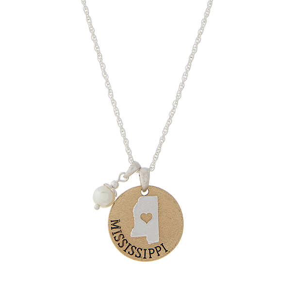 Wholesale two state necklace MISSISSIPPI disk faux ivory pearl accent