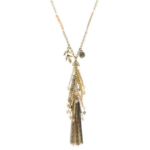 Wholesale burnished gold necklace cluster beige gold ivory beads metal tassel
