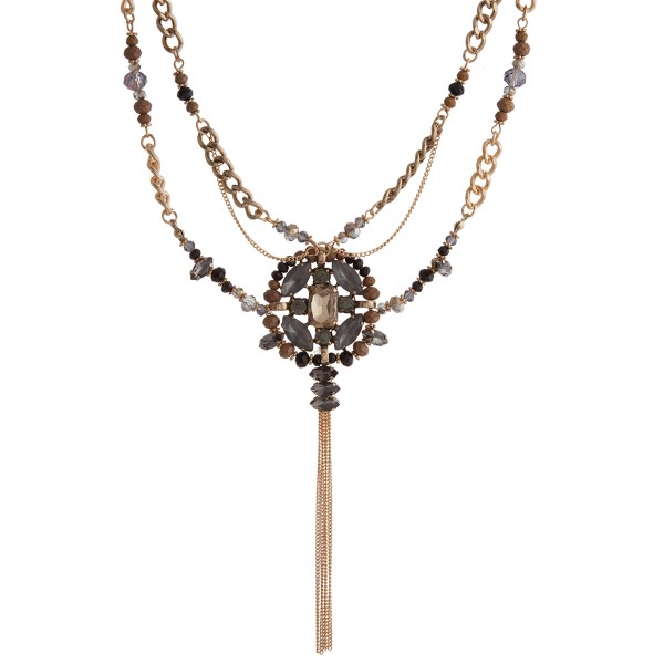 Wholesale gold double stranded necklace displaying gray champagne rhinestone cha