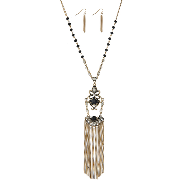 Wholesale burnished gold necklace set displaying black beads decorative pendant