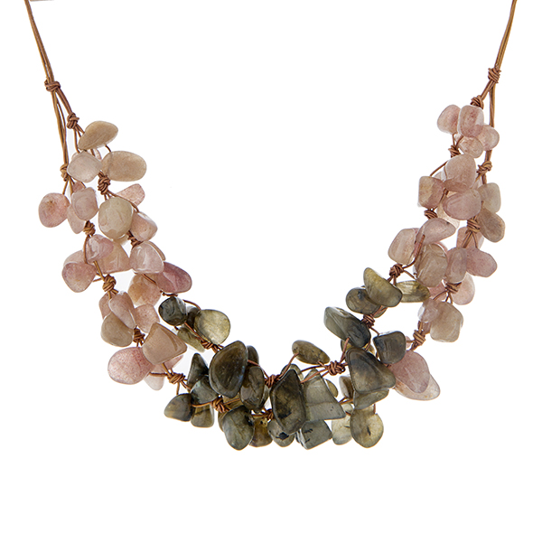 Wholesale brown cord necklace cluster pale pink hunter green natural chipstone H