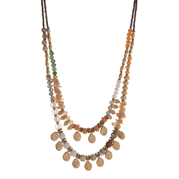Wholesale peach green gray beaded layering necklace displaying beige chipstone g