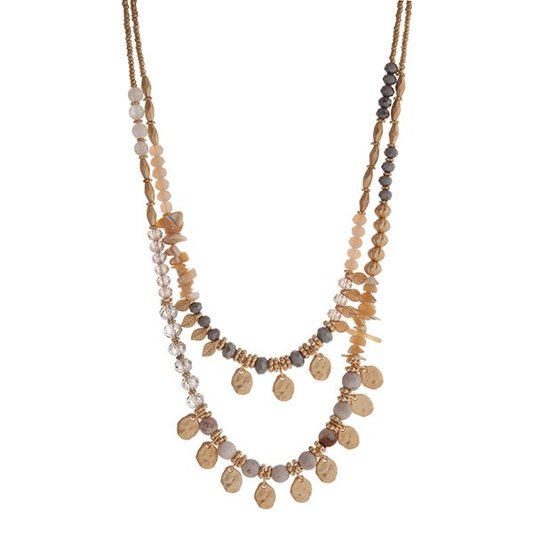 Wholesale gray ivory gold beaded layering necklace displaying beige chipstone go