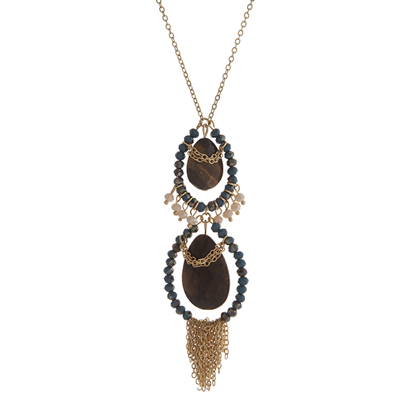 Wholesale gold necklace displaying two tiger eye teardrop stones teal beads chai