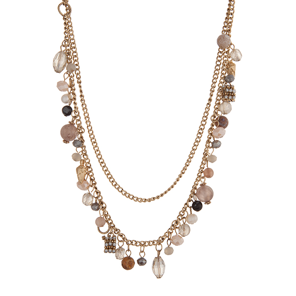 Wholesale burnished gold layering necklace displaying cluster ivory brown gray b