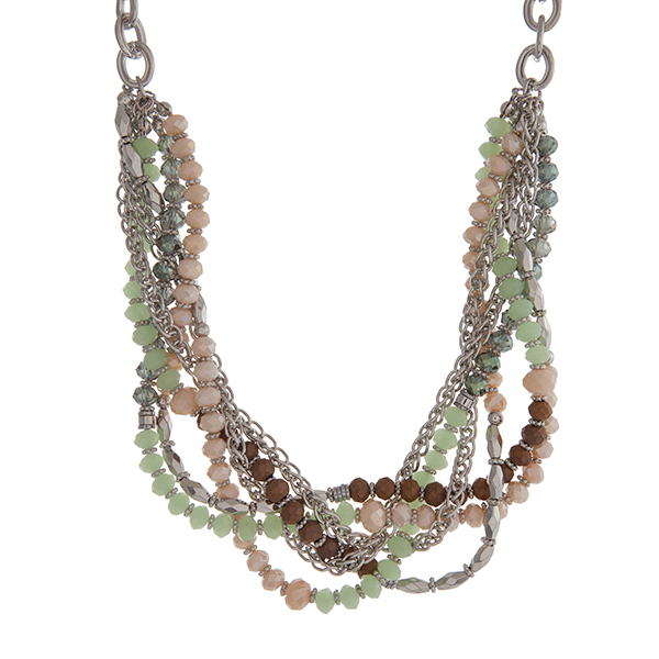 Wholesale silver chain link necklace displaying rows mint ivory brown beads