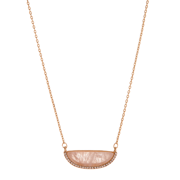 Wholesale gold necklace displaying rose quartz semicircle stone rhinestone accen
