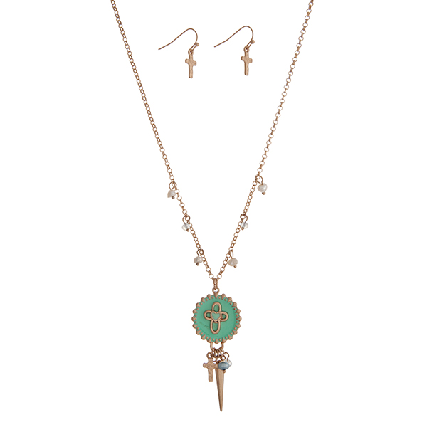 Wholesale gold necklace set displaying mint cross disk cluster beads cross charm