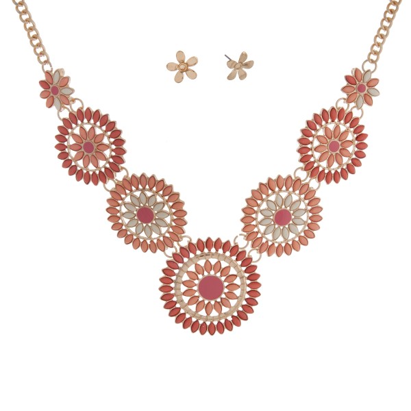 Wholesale gold necklace set displaying floral casting pink peach ivory cabochons