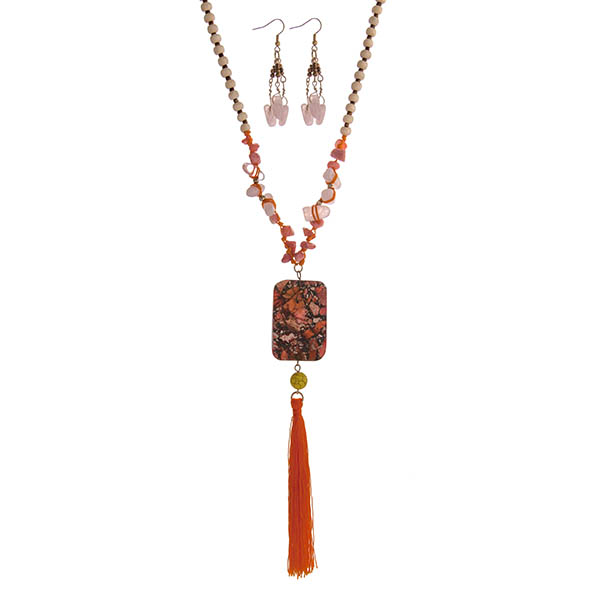 Wholesale tan beaded necklace set pink coral chip stones orange square stone pe