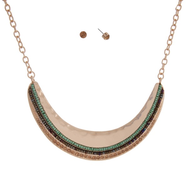 Wholesale gold necklace set displaying hammered crescent green gray seed beads t