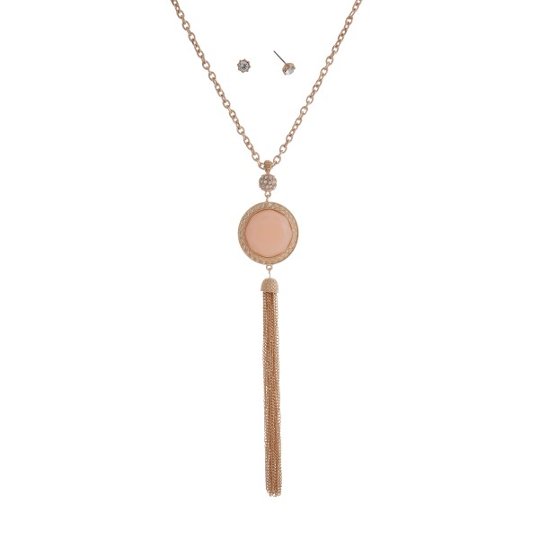 Wholesale gold necklace pendant faceted pale pink cabochon chain tassel matchin