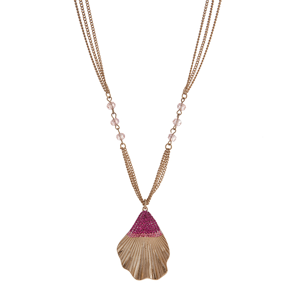 Wholesale gold multiple strand necklace displaying pink beads pendant fuchsia di