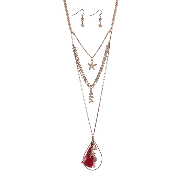 Wholesale gold pink beaded layering necklace set displaying chevron pattern star
