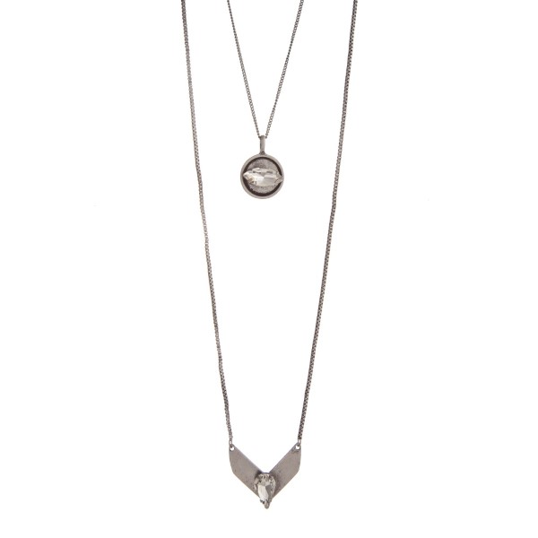 Wholesale burnished silver layering necklace displaying disk chevron clear caboc