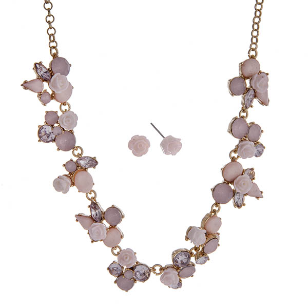 Wholesale gold necklace set displaying pink roses multiple pink cabochons