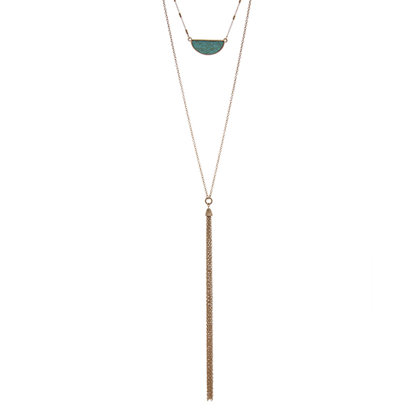 Wholesale gold double layer necklace turquoise crescent pendant chain tassel