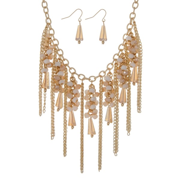 Wholesale gold statement necklace set ivory champagne beads metal chain fringe