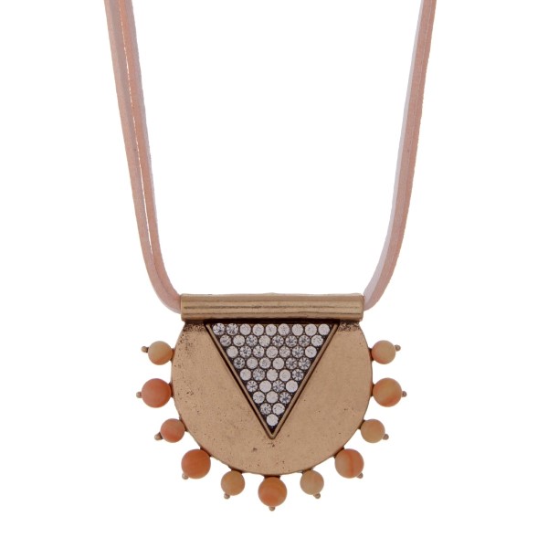 Wholesale pale pink leather necklace burnished gold pendant clear rhinestones na
