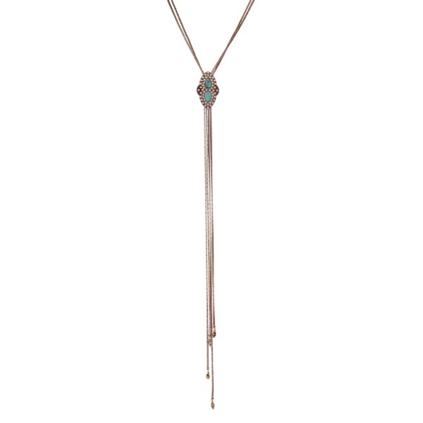 Wholesale burnished gold Y necklace turquoise stones clear rhinestones