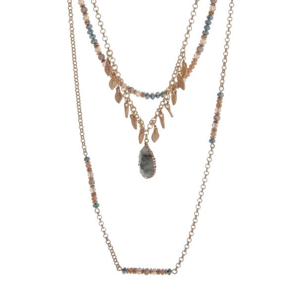 Wholesale gold triple layer necklace natural stone pendant champagne green beads