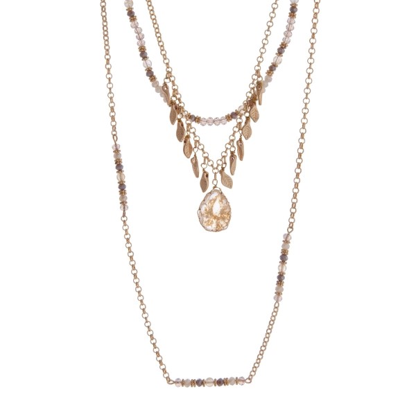 Wholesale gold triple layer necklace natural stone pendant ivory gray beads