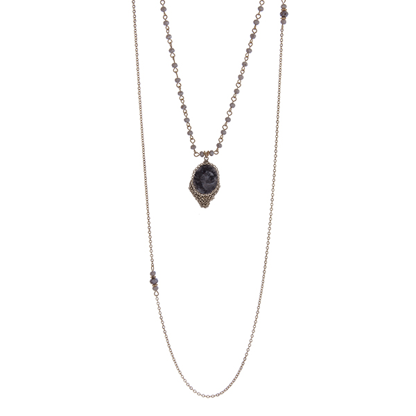 Wholesale gold double layer necklace gray natural stone pendant gray beads