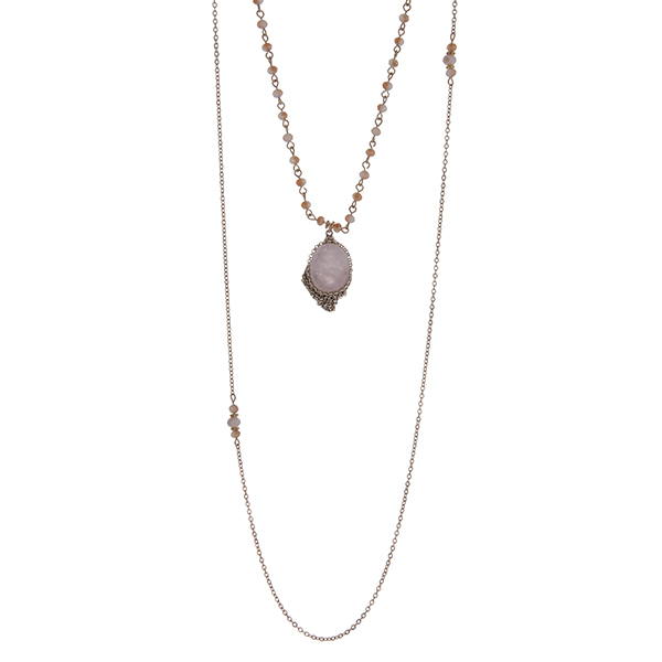 Wholesale gold double layer necklace rose quartz natural stone pendant pink bead