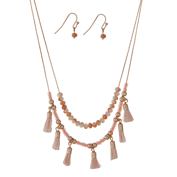 Wholesale dainty gold double layer necklace set peach beads small blue tassels