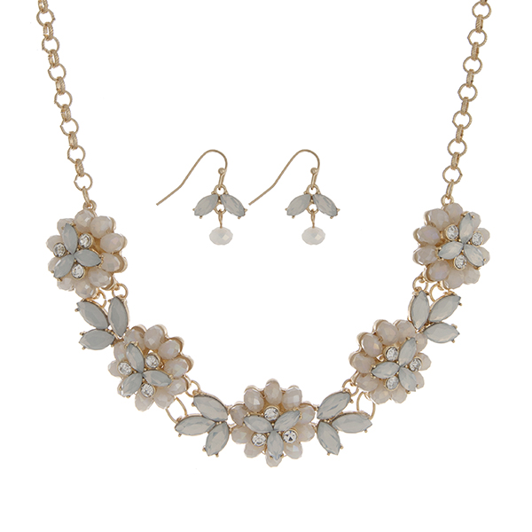 Wholesale gold necklace set five white opal glass stone flowers clear rhinestone