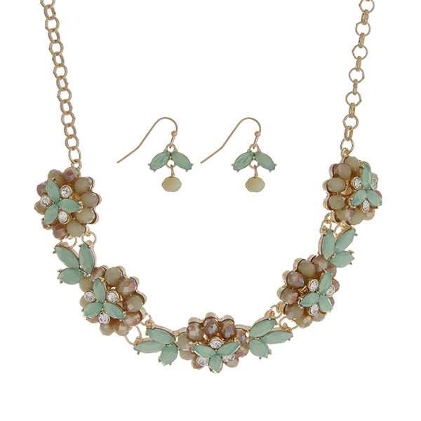 Wholesale gold necklace set five mint green glass stone flowers clear rhinestone