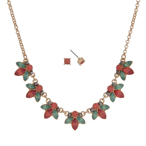 Wholesale gold necklace set mint green coral flowers rhinestone accents