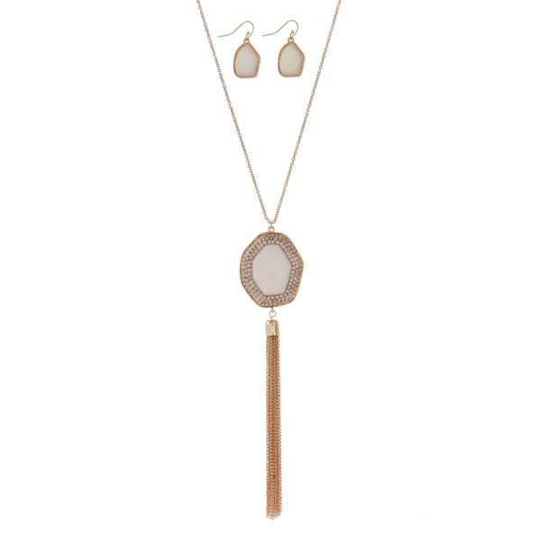 Wholesale gold necklace set ivory stone pendant pave stones chain tassel