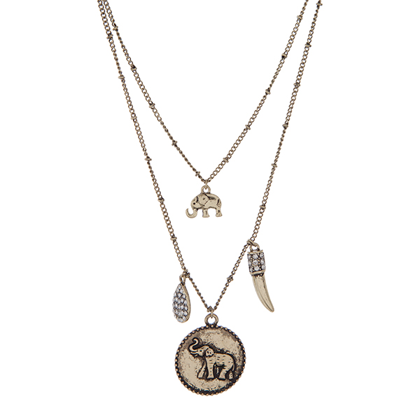 Wholesale burnished gold double layer necklace elephant clear rhinestones