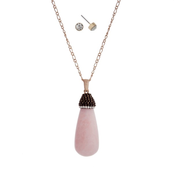 Wholesale gold necklace set displaying rose quartz natural stone pendant pave rh