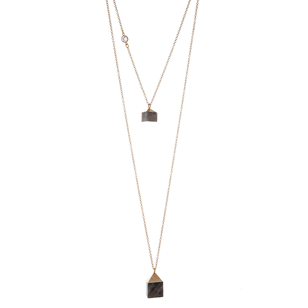 Wholesale gold double layer necklace two square gray natural stones Handmade USA