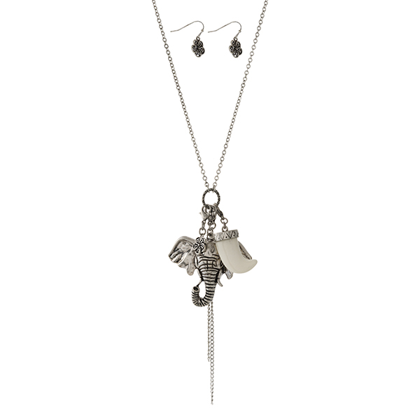 Wholesale silver necklace set elephant horn tassel pendant charms
