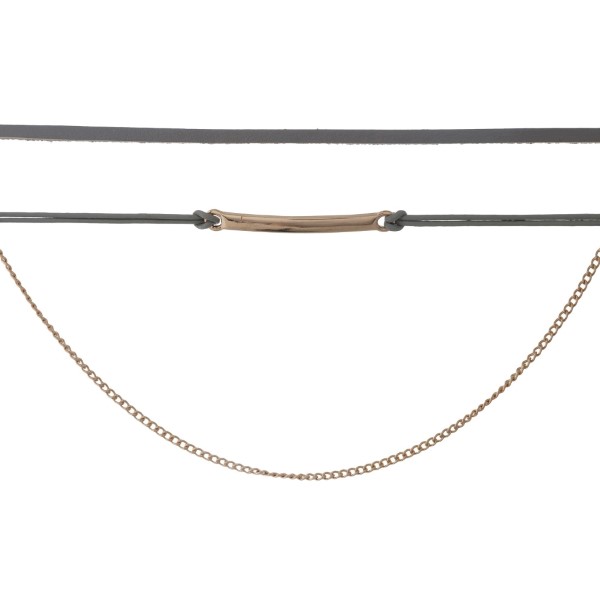 Wholesale dainty three row choker set gold chain bar gray faux leather
