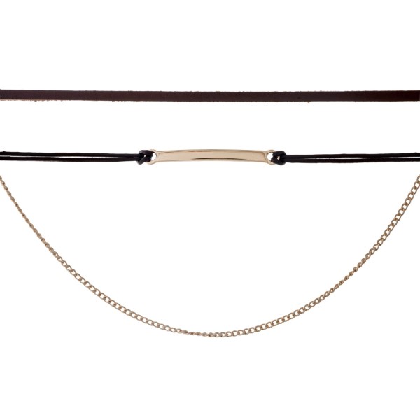 Wholesale dainty three row choker set gold chain bar brown faux leather
