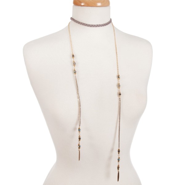 Wholesale two double layer choker braided gray suede turquoise bead accents