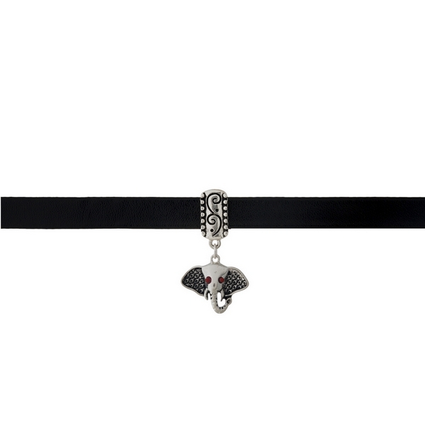 Wholesale black faux leather choker silver houndstooth elephant head pendant
