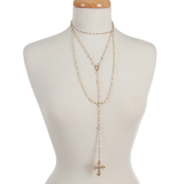 Wholesale gold clear iridescent beaded layered Y necklace cross pendant