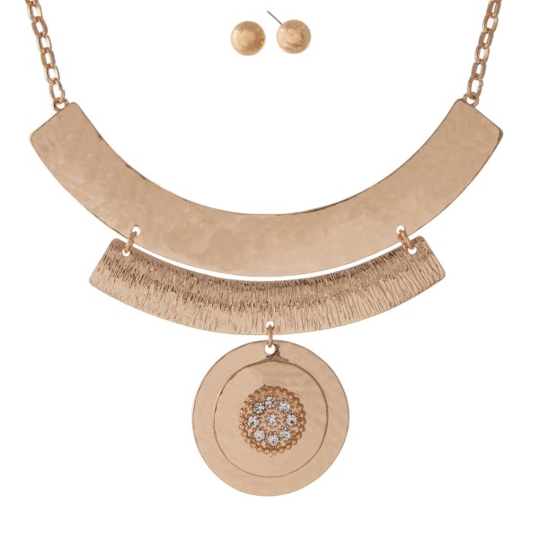Wholesale gold necklace set hammered curved bar circle pendant matching clear rh